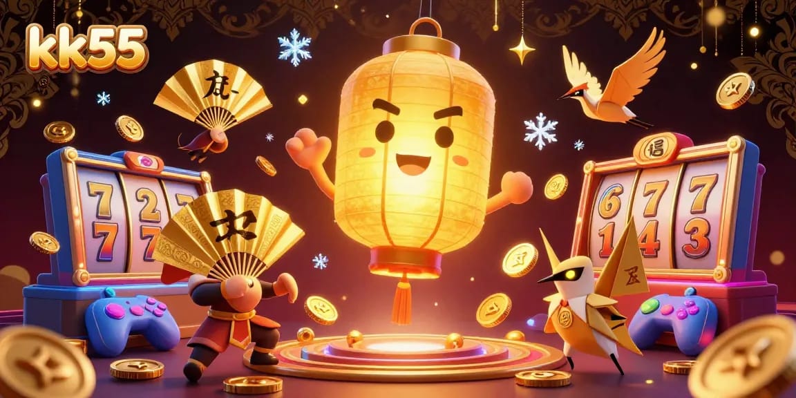 Engage with kk55's vibrant online casino featuring golden lantern spirit, slot games, and colorful game elements.