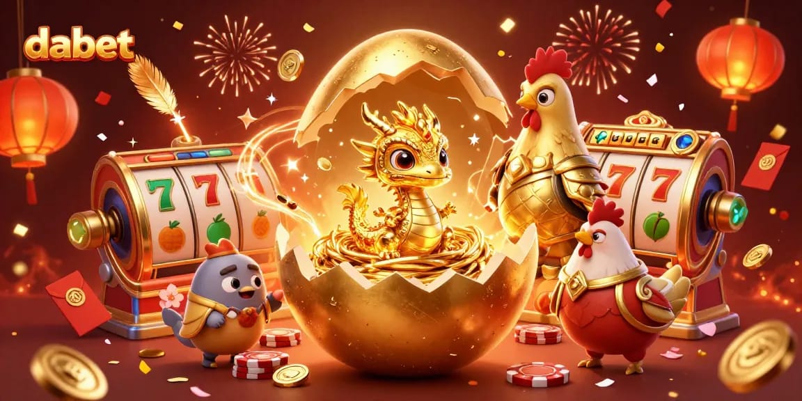 Win big with dabet in a vibrant casino celebration featuring a golden egg and poker chips.