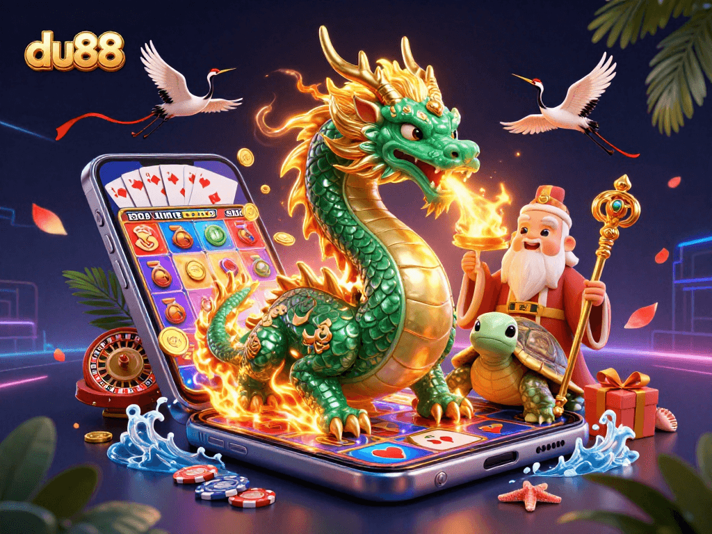 Experience thrilling du88 gameplay with a dragon, turtle, and cranes amidst vibrant casino elements.