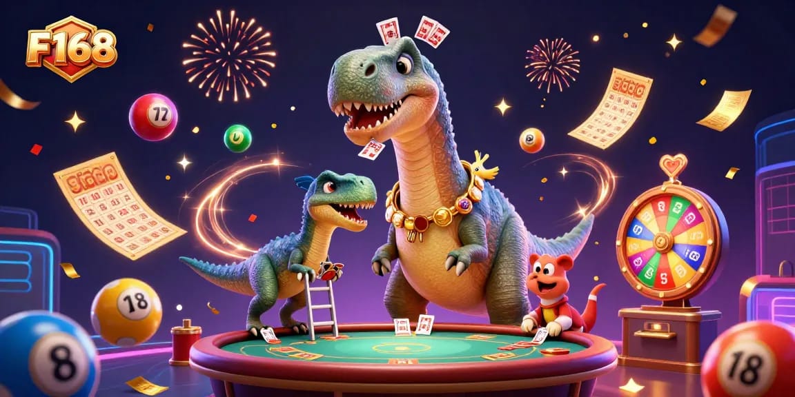 Experience F168 gaming with a colorful, dynamic casino scene featuring a brontosaurus and raptor!
