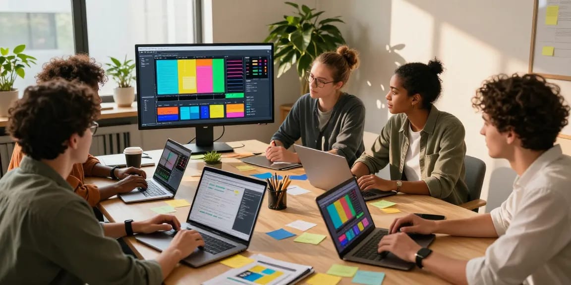 Team brainstorming ideas on a mix board in a lively digital workspace with laptops and visuals.