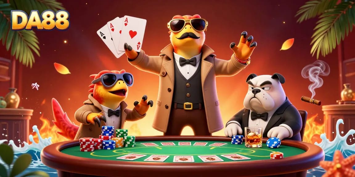 Experience thrilling poker action with DA88's vibrant 3D casino illustration featuring raptors.