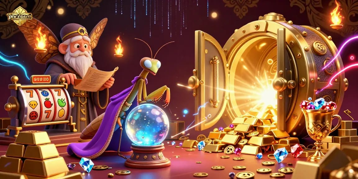 PHDREAM fortune teller surrounded by exciting casino elements and floating oracles, offering vibrant gameplay experiences.