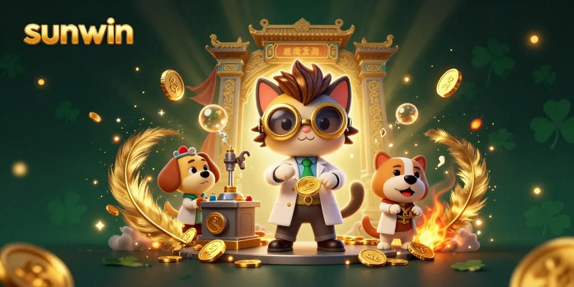 Experience the thrilling action at sunwin with a mad scientist cat and a loyal dog in a vibrant casino scene.