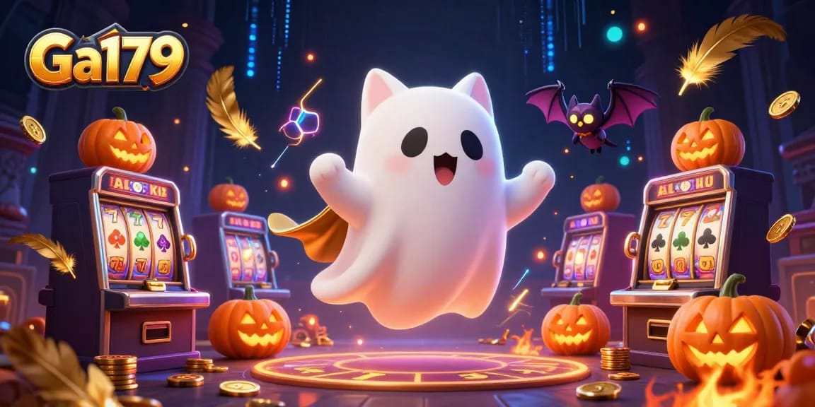 Engage with the enchanting Ga179 floating ghost cat and lively casino elements in a thrilling 3D illustration.