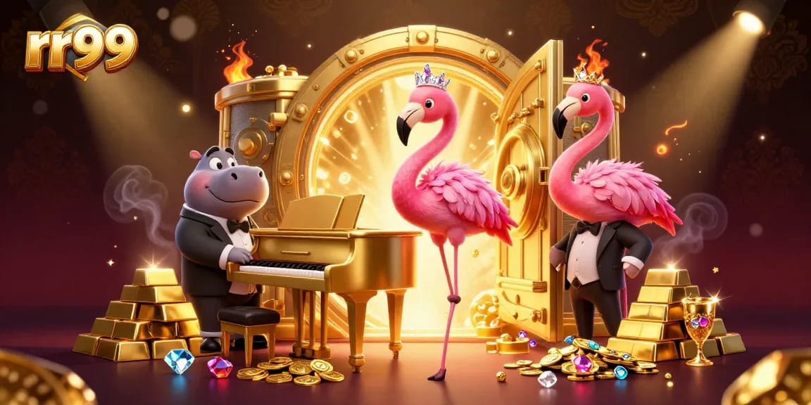 Engage with rr99’s vibrant casino atmosphere featuring a flamingo singer at a golden piano.