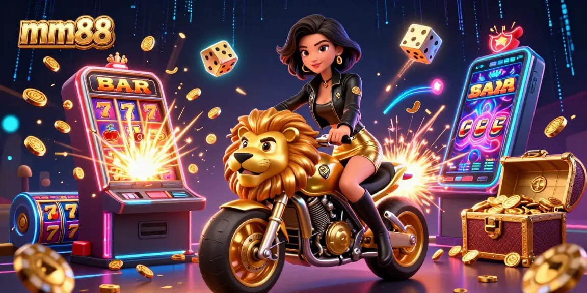 Experience the thrill of mm88 with a glamorous woman riding a golden lion in a casino scene.