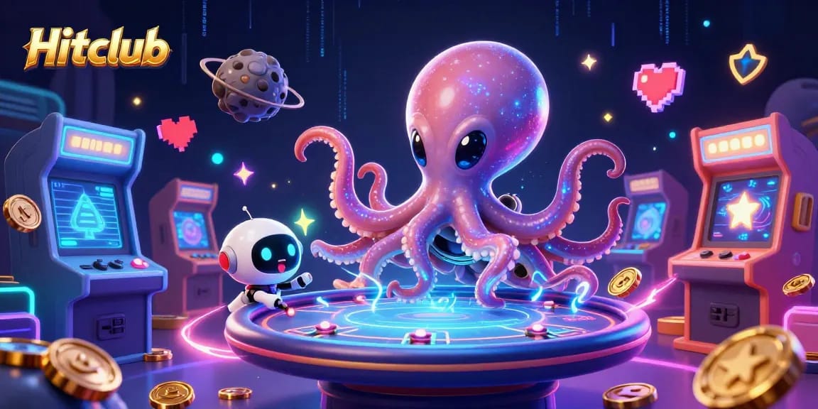 Experience thrilling gameplay at Hitclub with an alien octopus dealing cards at a futuristic poker table.