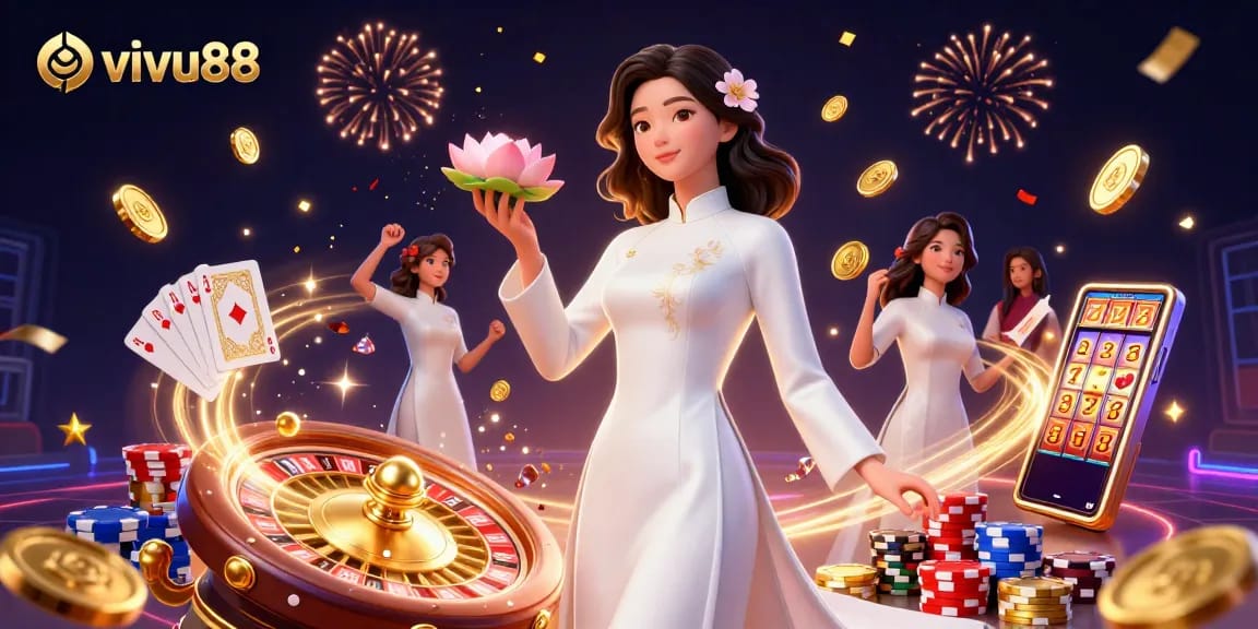 Experience thrilling gameplay at vivu88 with a captivating scene of an elegant woman embodying casino excitement.