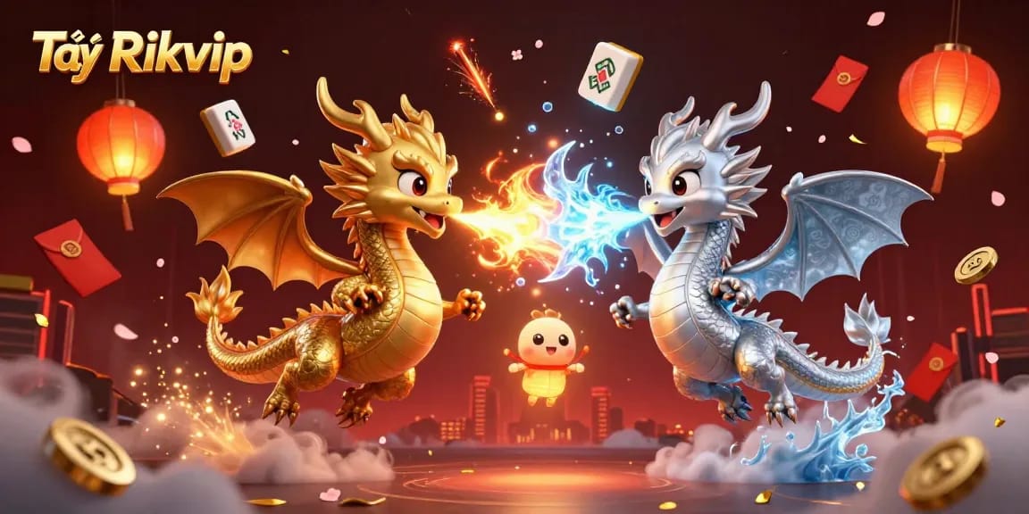 Experience thrilling gameplay with Tải Rikvip, showcasing vibrant dragons and dynamic casino elements.