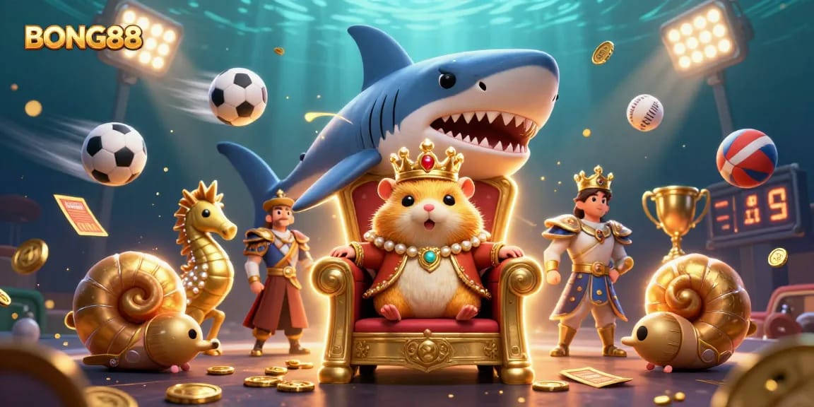 BONG88 lobster battles as a tiny king on a megalodon throne with gold coins and sports elements