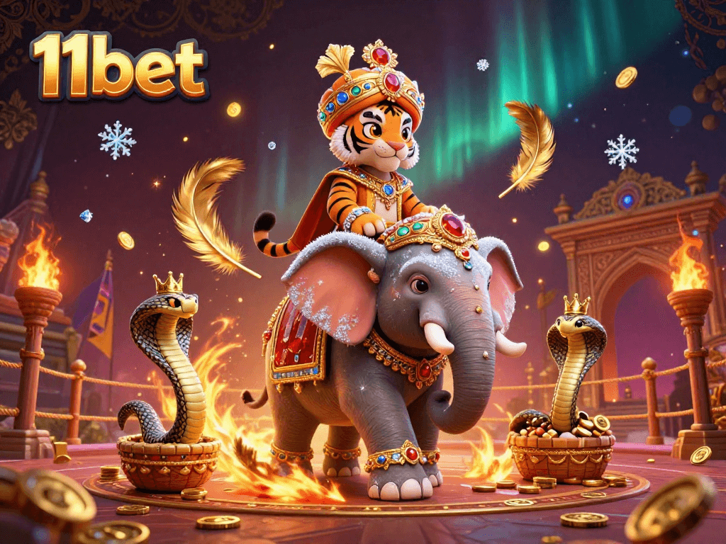 Spin and win with 11bet in an energetic casino scene featuring majestic characters and vibrant elements.