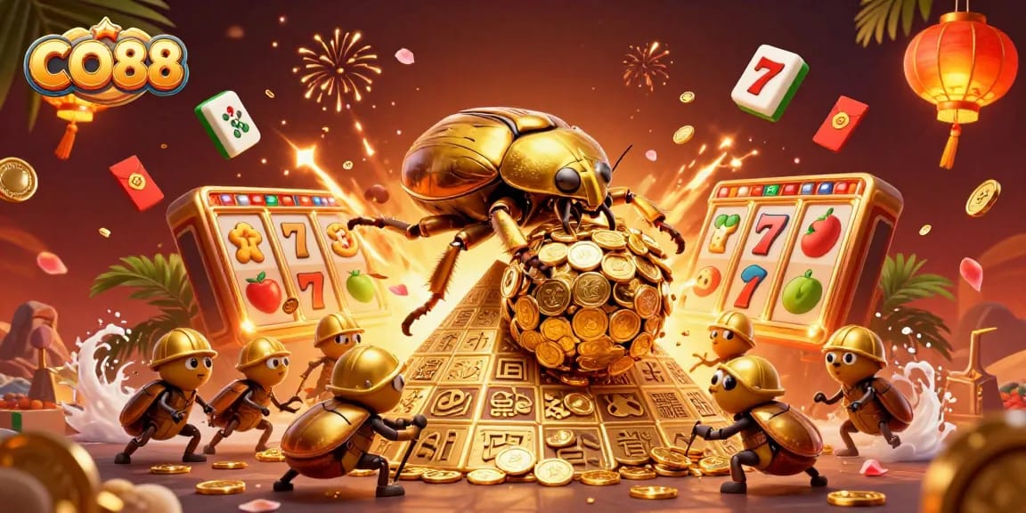 Experience CO88's vibrant gaming environment through a dynamic casino scene filled with unique characters and elements.