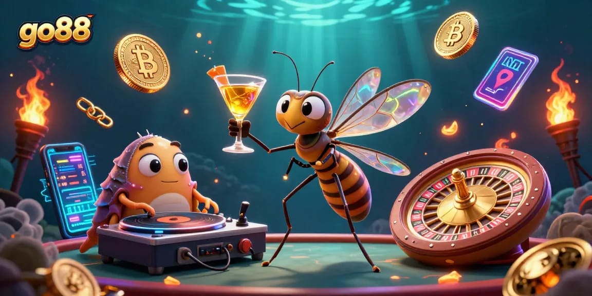 Experience thrilling gameplay at go88 with vibrant casino characters and crypto elements.