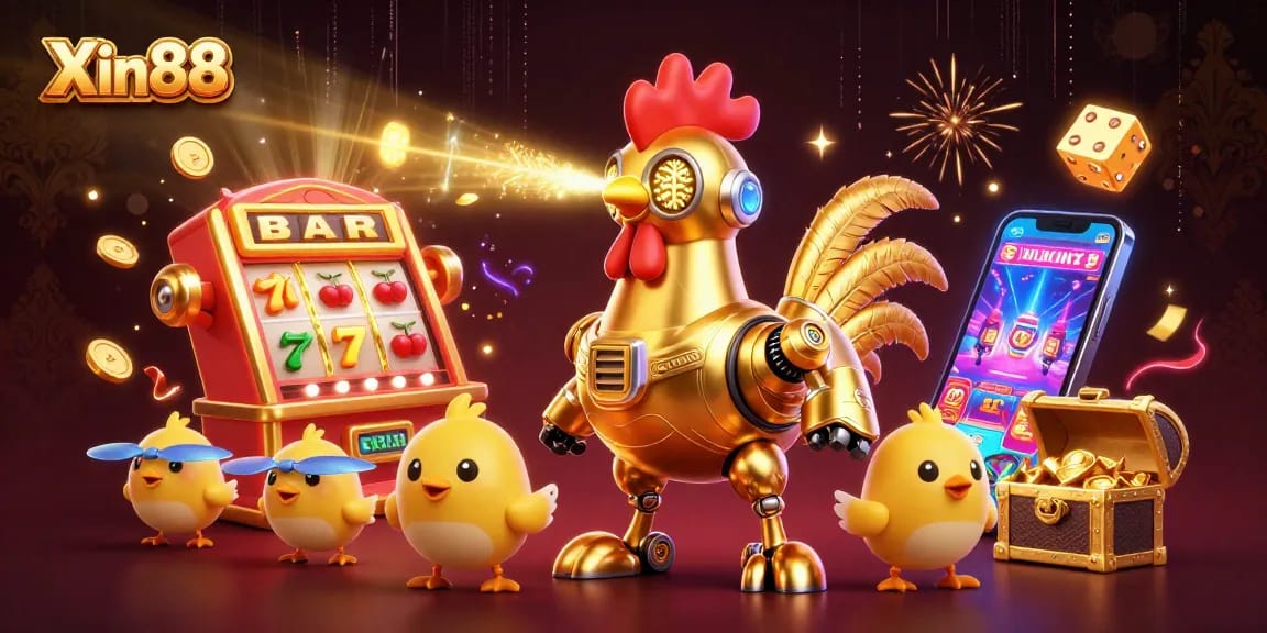 Experience thrilling wins at Xin88 with this vibrant 3D casino illustration featuring a lucky rooster and game elements.