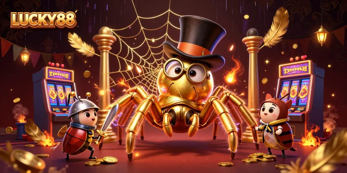 Play slots and win big with LUCKY88's vibrant casino adventure illustration.