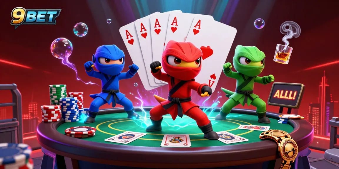Engage with 9BET's vibrant casino scene featuring ninja chameleons amidst poker action.