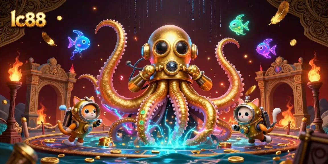 Join the excitement at lc88 as the colossal kraken unveils treasure in a vibrant underwater casino scene.