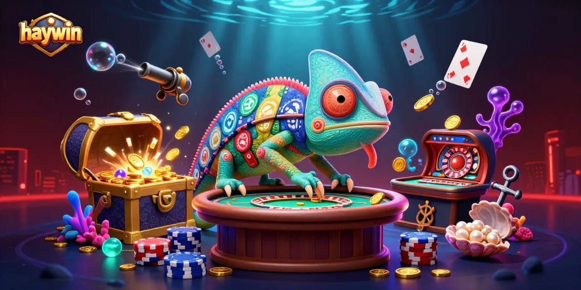 Spin and win with haywin's vibrant chameleon casino owner amidst floating cards and treasures.