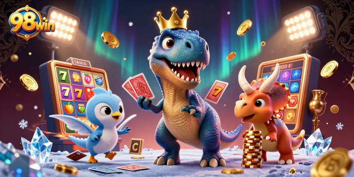 Experience thrilling gameplay with 98win in a vibrant 3D casino scene featuring a card-shuffling T-Rex.