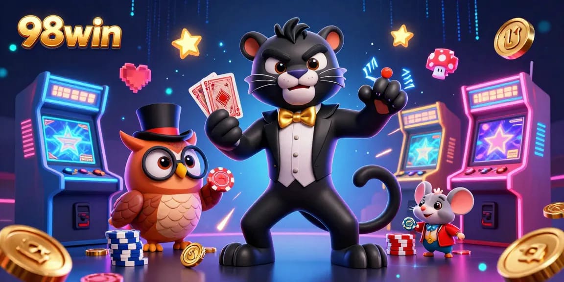 Join the game with 98win's vibrant characters and action-packed casino atmosphere showcasing poker and arcade games.