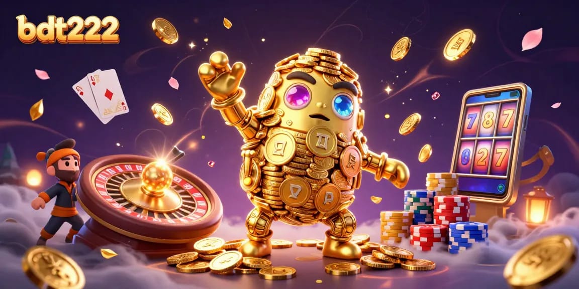 Engage in thrilling gaming with bdt222, showcasing a dynamic casino scene filled with gold coins and slot symbols.