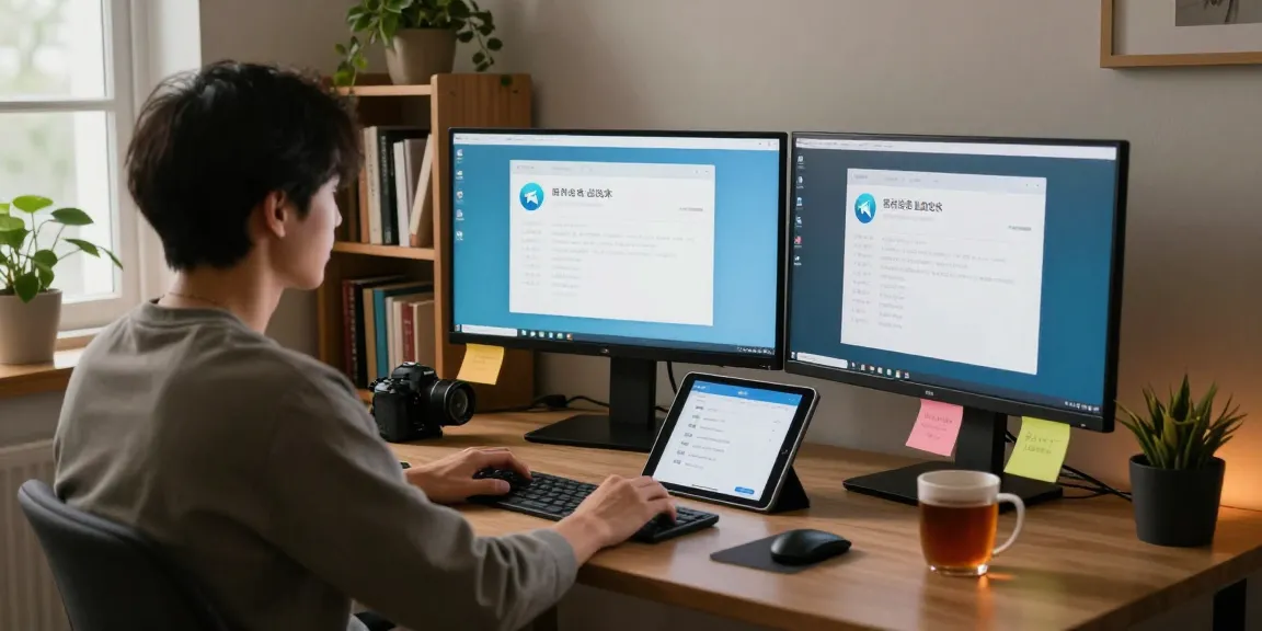 Configure Telegram Chinese interface in a modern home office setting, featuring language settings and cozy workspace elements.