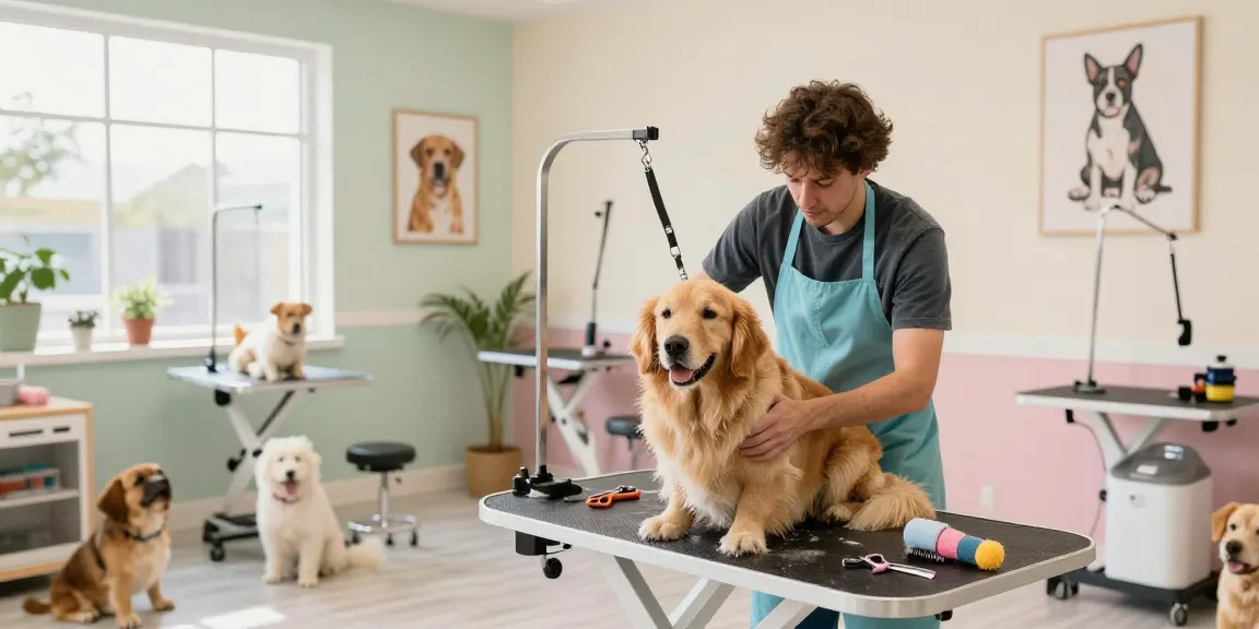 Grooming services in York featuring a professional groomer washing a relaxed golden retriever in a bright, inviting salon.