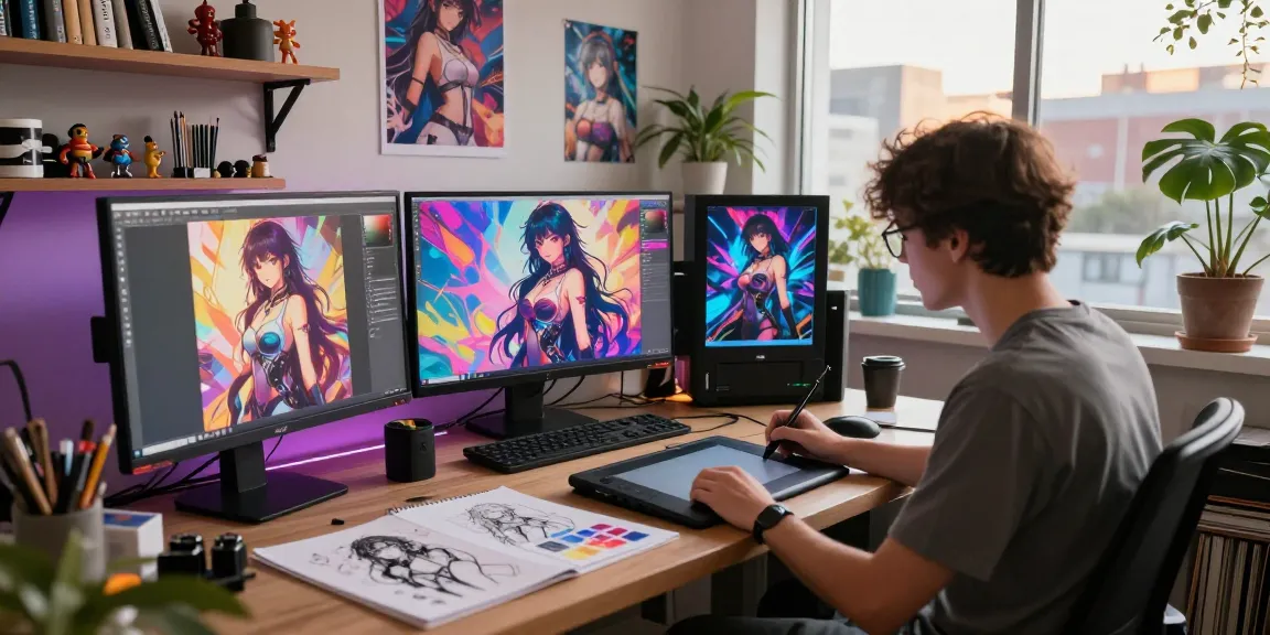 AI hentai artist creating vibrant illustrations in a creative digital studio.