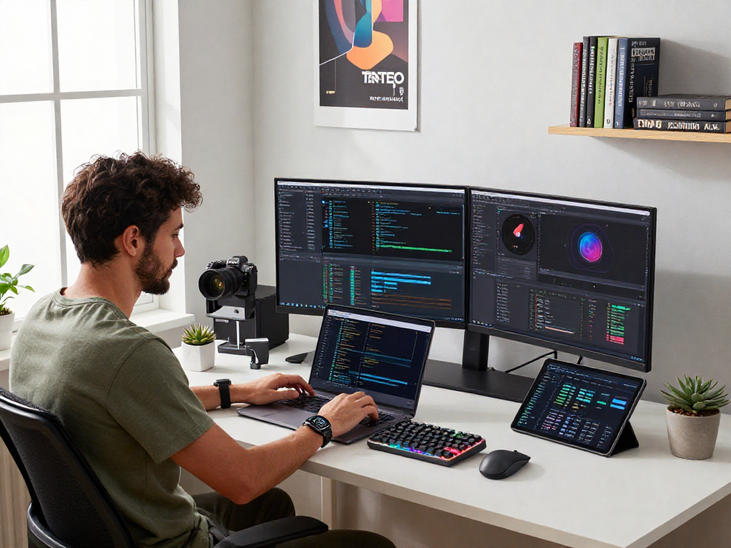 Developer focusing on coding in an innovative workspace with net88 tools and gadgets.