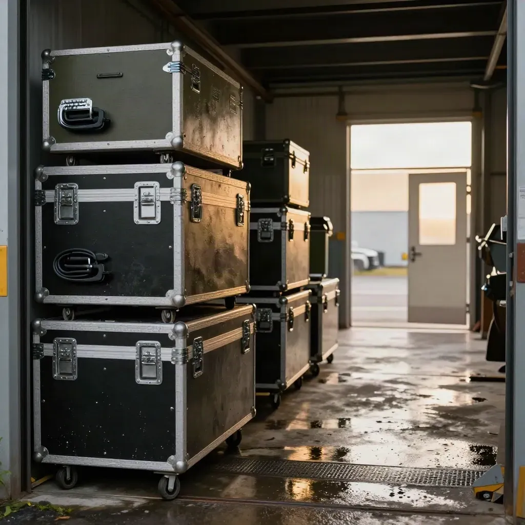 Turnépaket med road cases och instrumenttrunkar i en lastkaj mot scenljus.