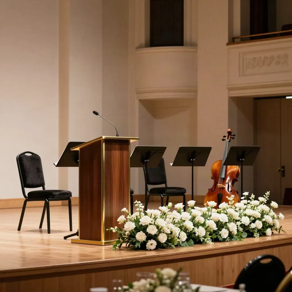 Tom gala-scen med talarstol, stråkinstrument, ljus och blomster i varm konsertsal.
