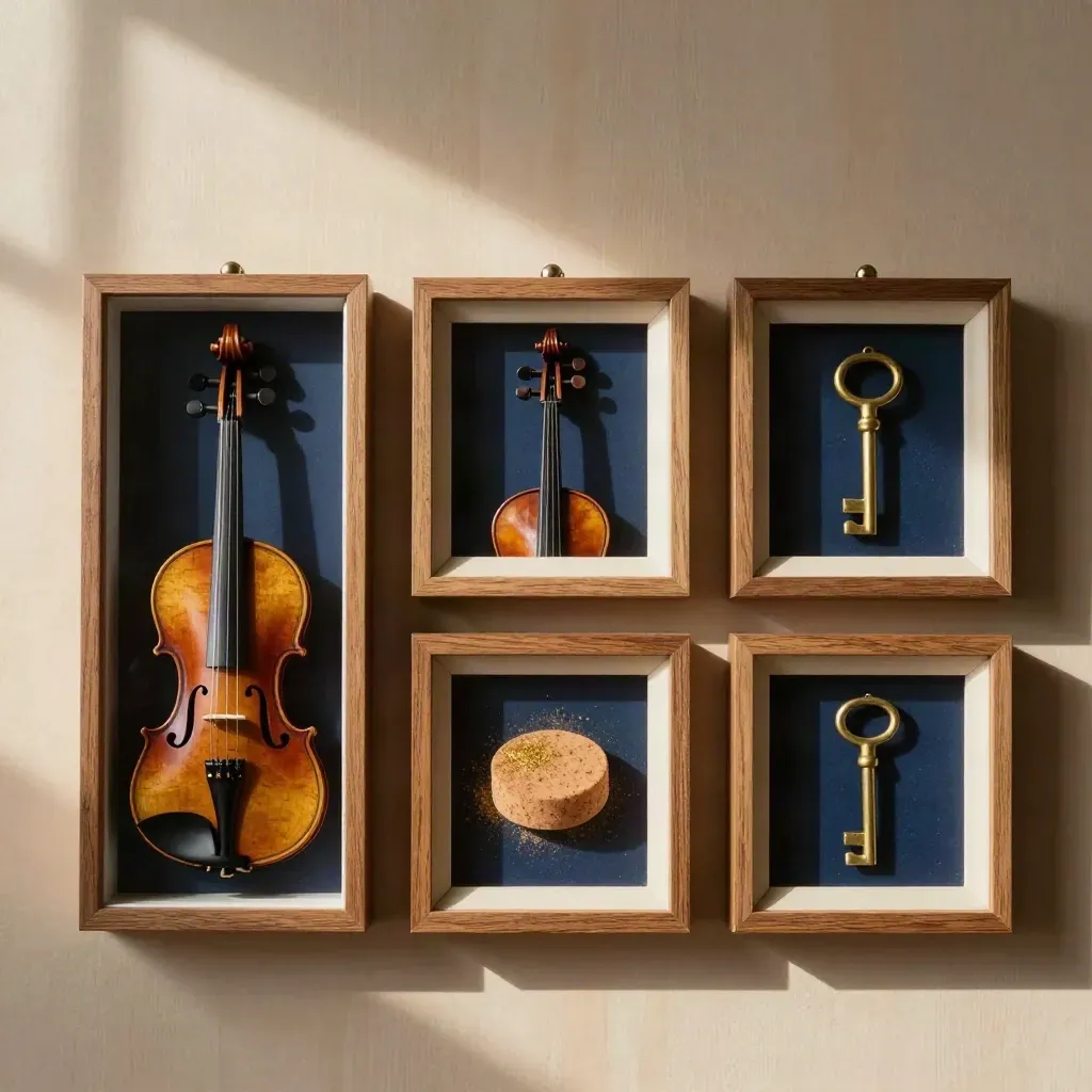 Fyra inramade objektporträtt av violin, cellosnäcka, kolofonium och konsertnyckel på varm vägg.
