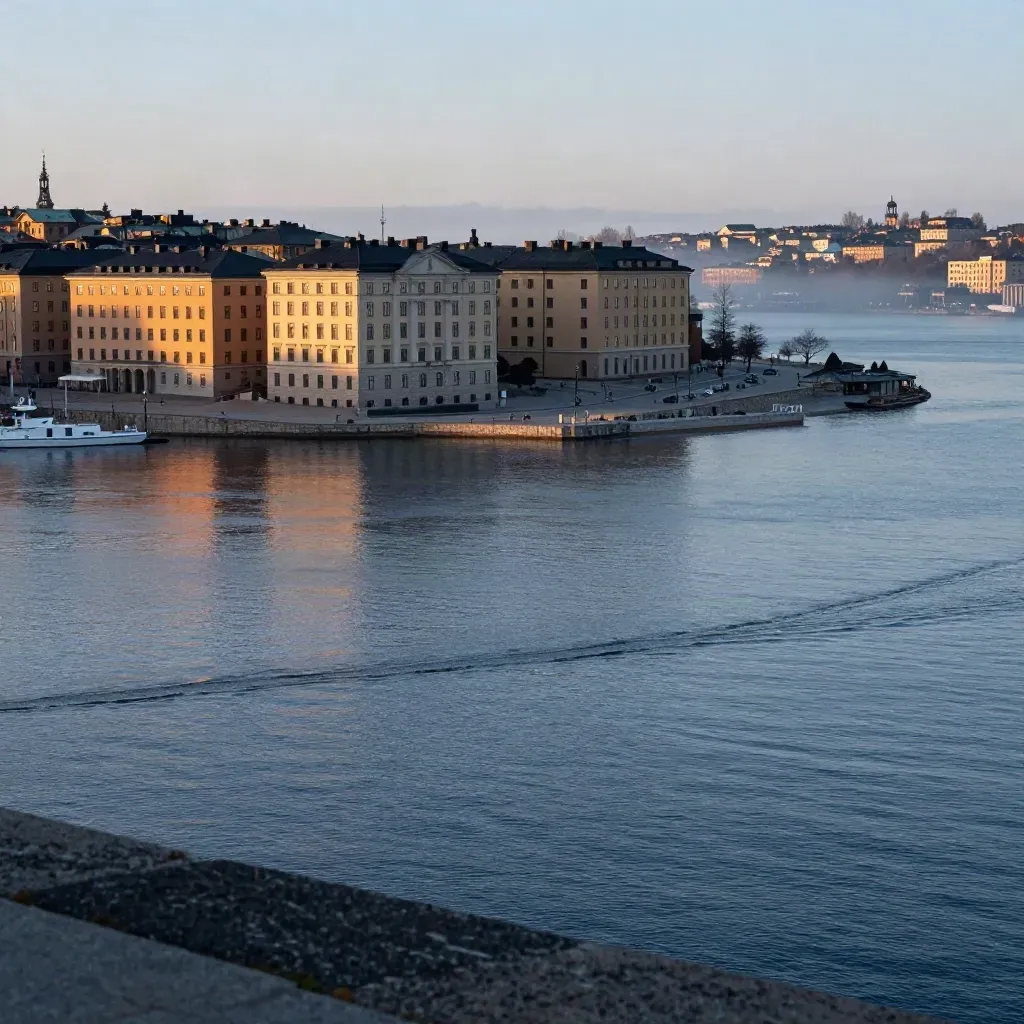 Stockholms skyline i blå timme över lugnt vatten och dimmig hamn.
