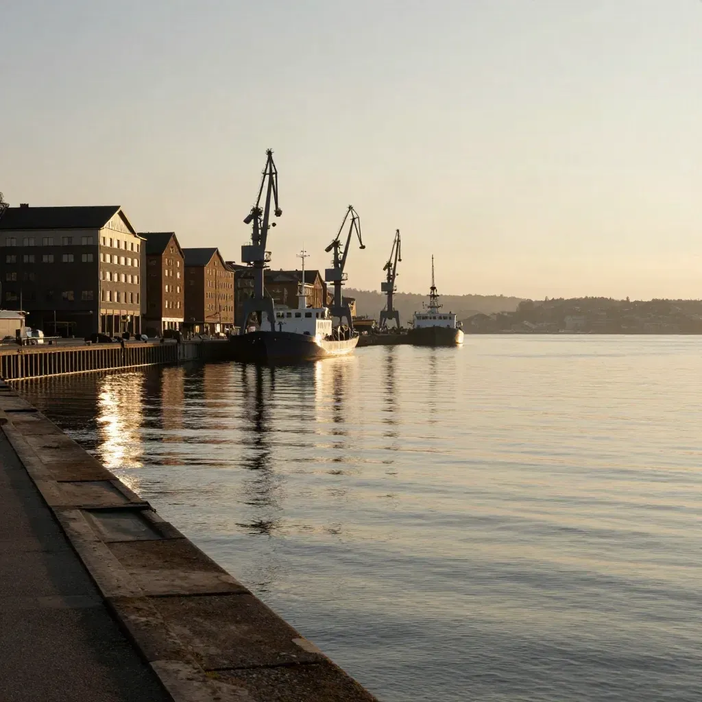 Göteborgs hamn i kvällsljus med kranar, vatten och stilla hazy kustlinje.