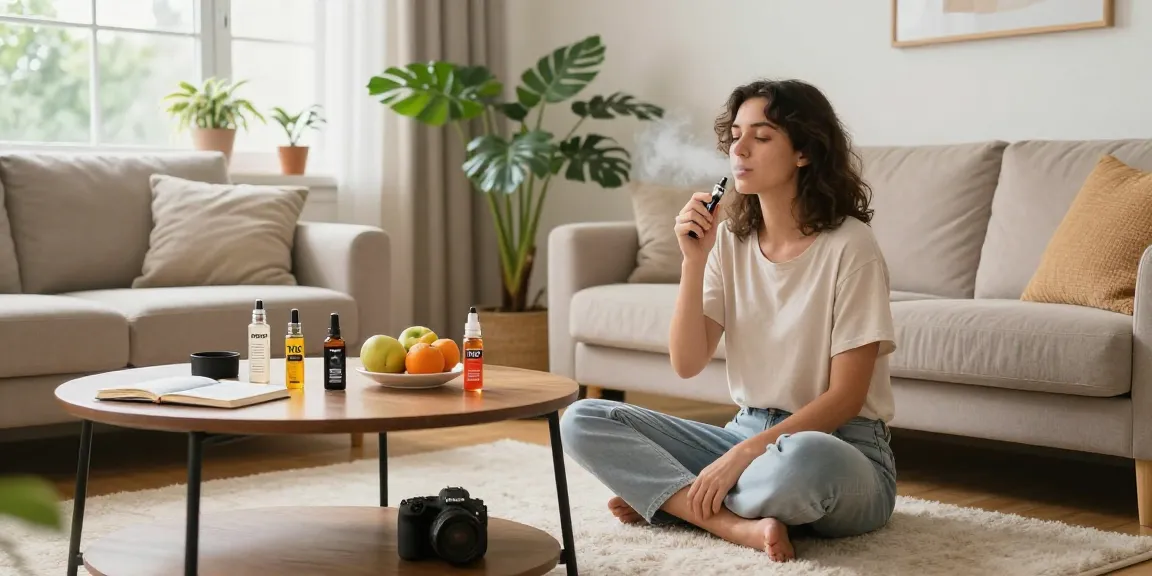 THC vape juice displayed alongside wellness journal and fresh fruit in a relaxing living room.