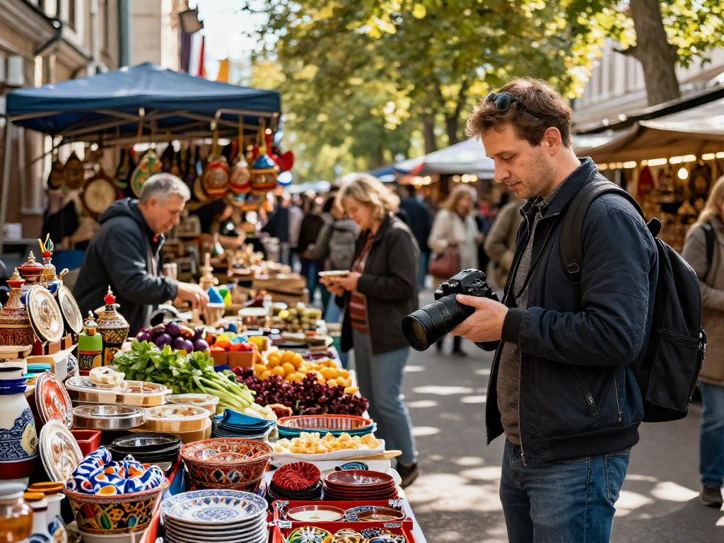 Explorador en un mercado urbano en Rusia disfrutando de experiencias locales con https://payinrussia.com/.