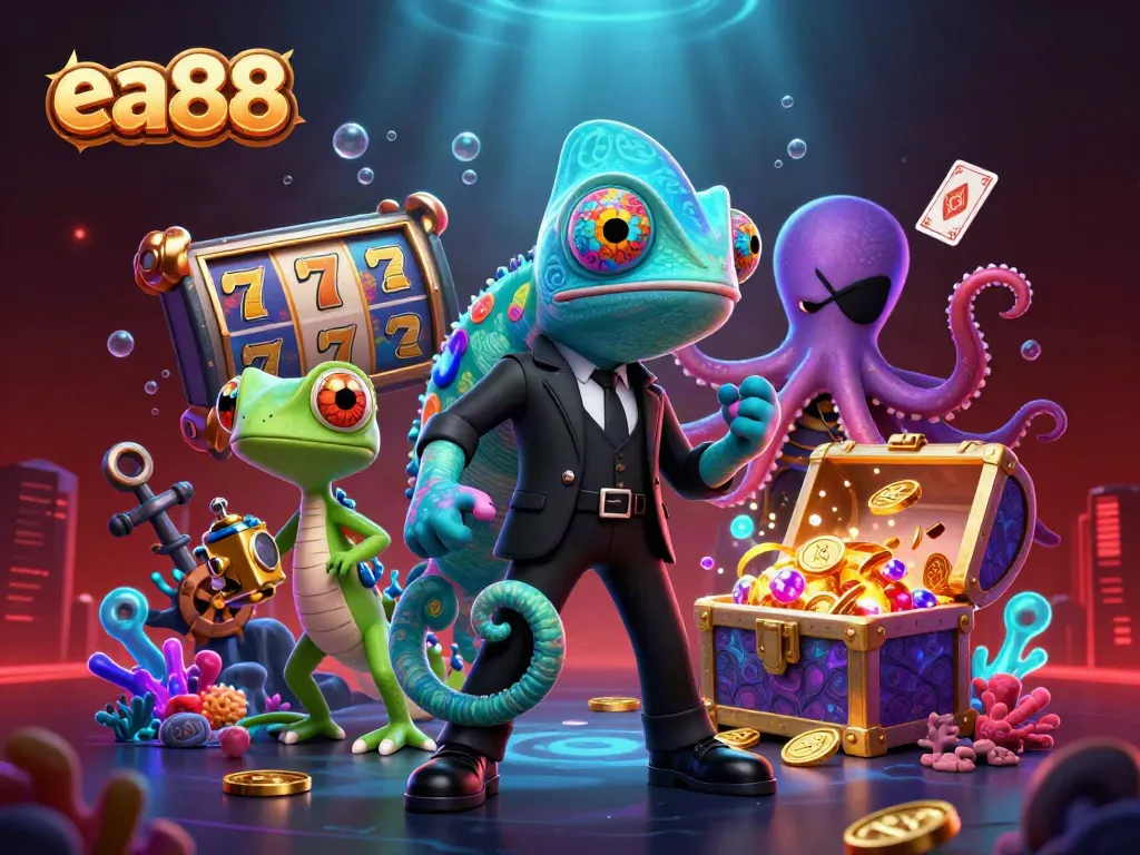 Experience thrilling gaming at ea88 with vibrant characters among slot reels and treasures.