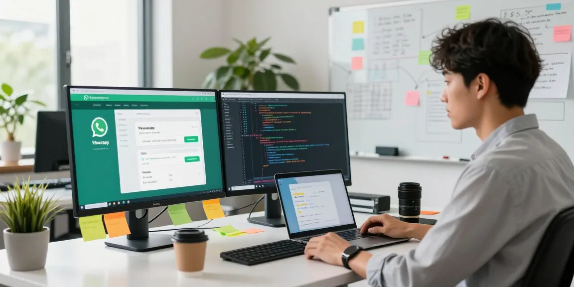 WhatsApp下載 on a digital workspace with monitors and coding tools.