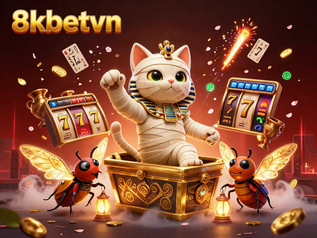 Experience thrilling gameplay at 8xbetvn with the mummy cat and jackpot symbols in a vibrant casino.