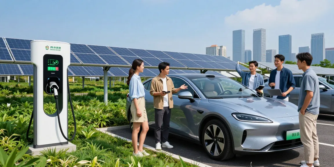 Electric vehicle highlighting EV technology charging at a solar-powered station with diverse people discussing features.