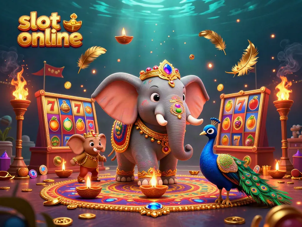 Spin and win with vibrant slot online games illustrated alongside a colorful Diwali-themed scene.