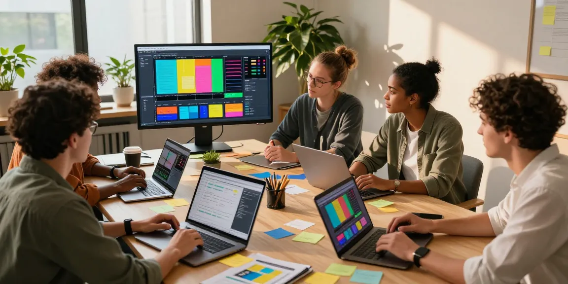 Team brainstorming ideas on a mix board in a lively digital workspace with laptops and visuals.