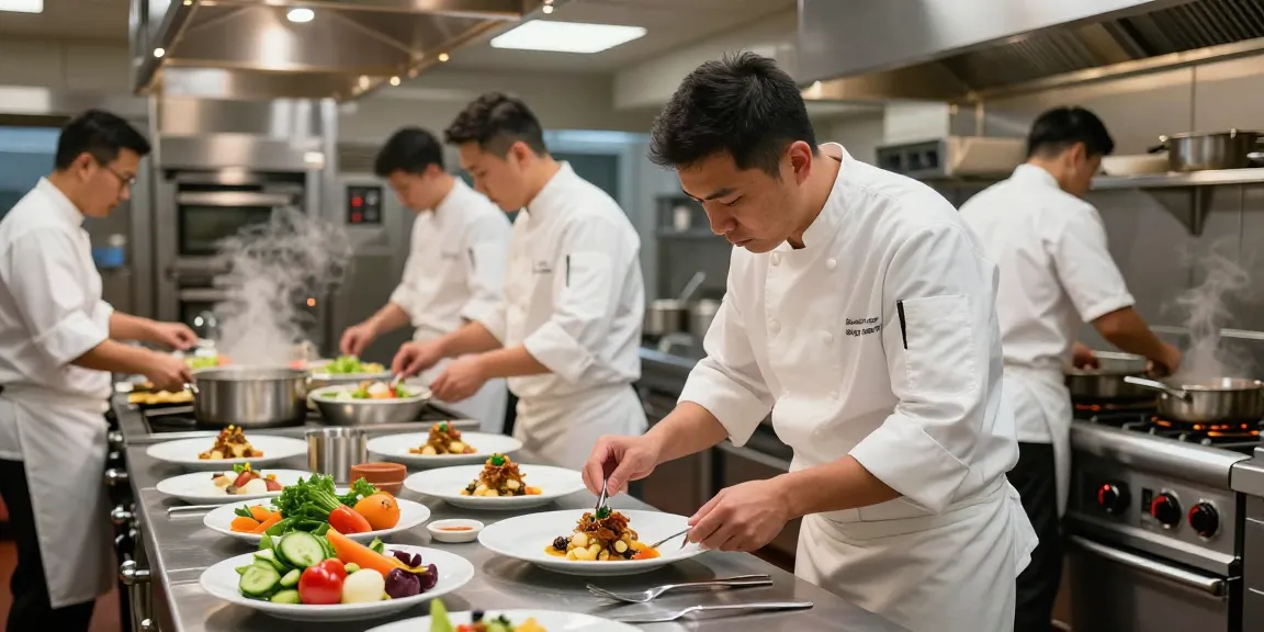 Catering equipment in a professional kitchen with chef plating gourmet dishes during dinner service