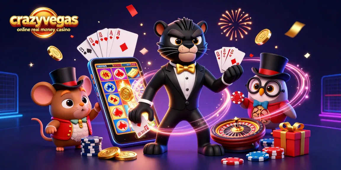 Engaging scene at crazyvegas online real money casino with 3D characters and vibrant casino elements